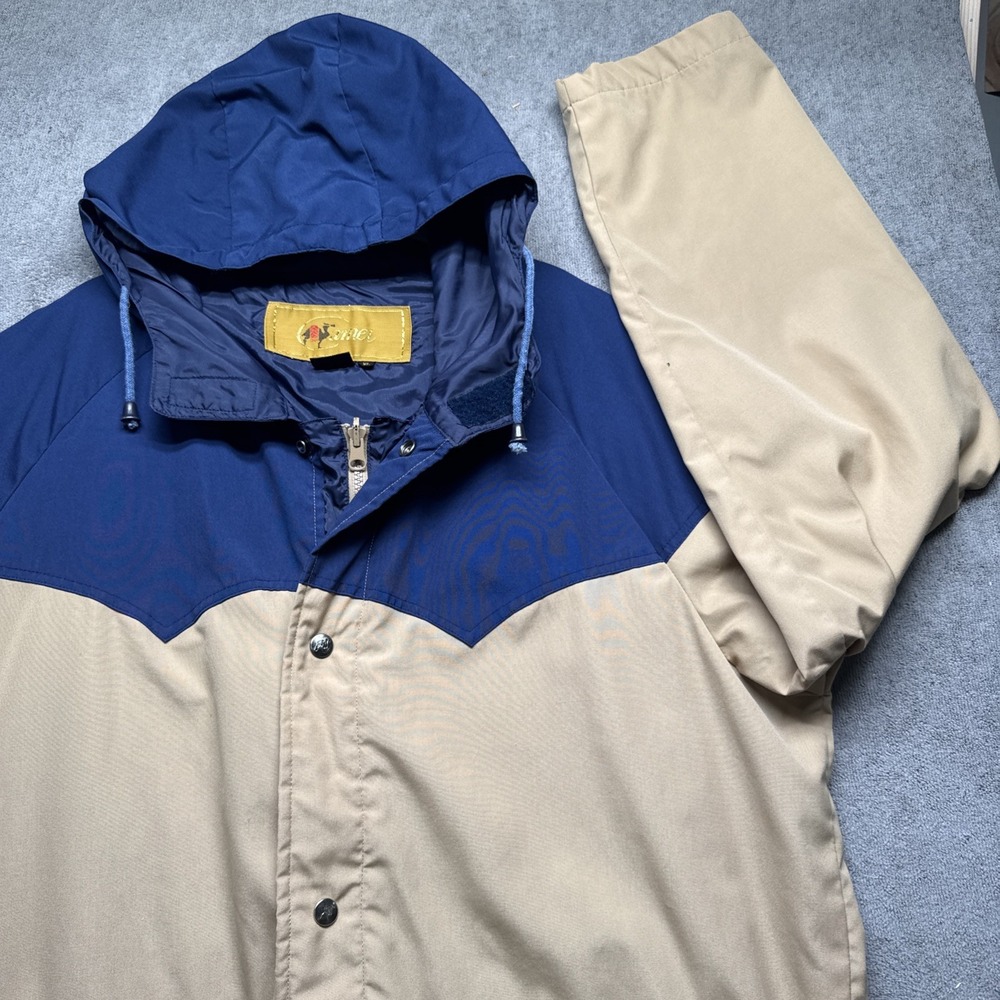 Vintage Camel Gear Trophy Jacket XL Tan Blue Hooded Colorblock 90s Outdoor